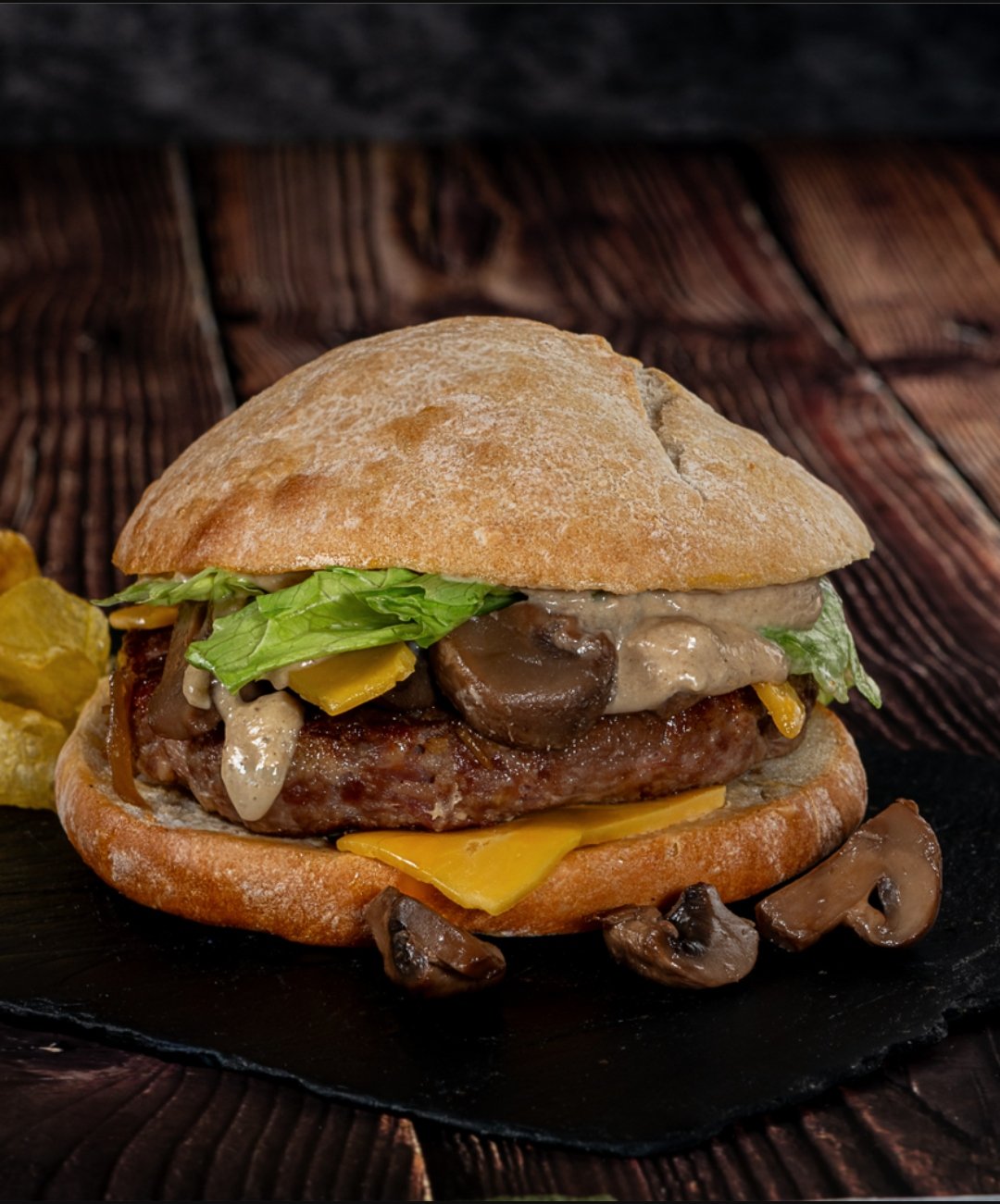 Hamburguesa de xampinyons i xips